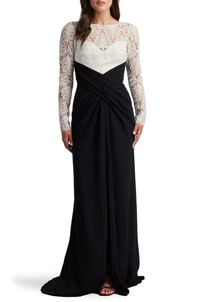 Tadashi Shoji Corded Lace & Crepe Long Sleeve Gown Ivory/Black at Nordstrom,