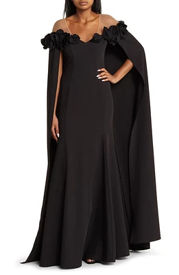 Marchesa Notte Flower Detail Illusion Shoulder Cape Gown Black at Nordstrom,