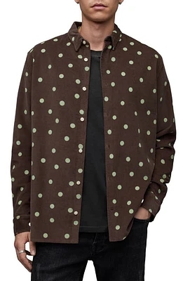 AllSaints Ocular Polka Dot Corduroy Button-Up Shirt Brown at Nordstrom,