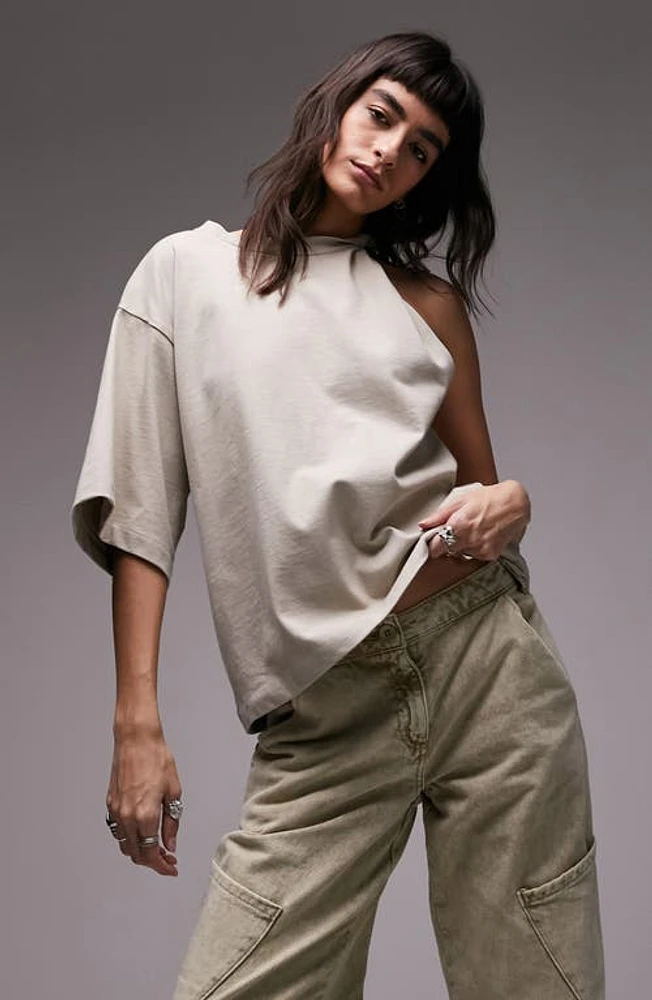 Topshop Oversize Twist Neck Asymmetric T-Shirt Stone at Nordstrom,