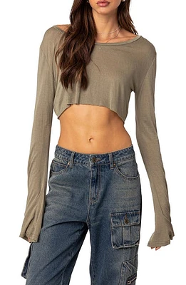 EDIKTED Sheer Raw Hem Crop Top Olive at Nordstrom,