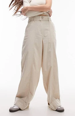 Topshop Belted Cotton & Linen Wide Leg Trousers Ivory at Nordstrom, Us