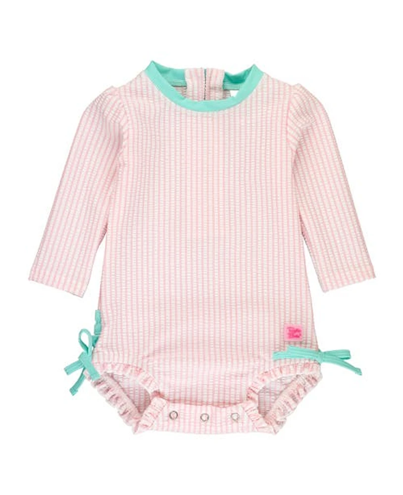 RuffleButts Girls Seersucker Long Sleeve UPF50+ One Piece Rash Guard in at Nordstrom