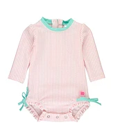 RuffleButts Girls Seersucker Long Sleeve UPF50+ One Piece Rash Guard in at Nordstrom