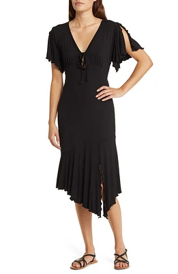 Loveappella Flouncy Tie Front Asymmetric Hem Sheath Dress at Nordstrom,