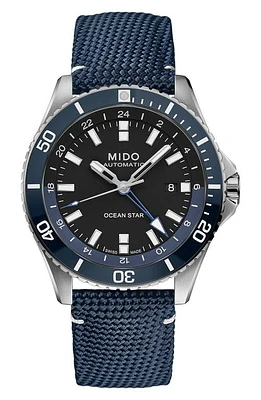 MIDO Ocean Star GMT Automatic Canvas Strap Watch, 44mm in Blue/Silver at Nordstrom