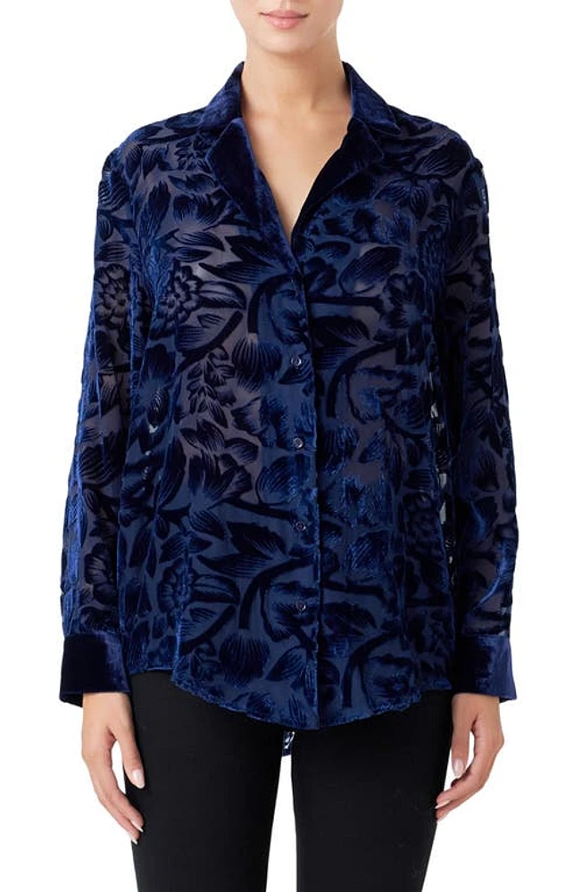 Endless Rose Floral Semisheer Velvet Burnout Long Sleeve Button-Up Shirt Navy at Nordstrom,