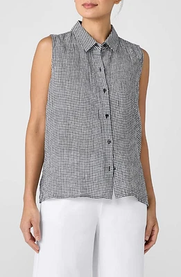 Eileen Fisher Classic Gingham Sleeveless Organic Linen Button-Up Shirt Black/White at Nordstrom,