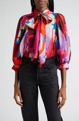 FARM Rio Floral Watercolor Three-Quarter Sleeve Button-Up Top Blue at Nordstrom,