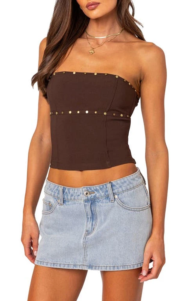 EDIKTED Darcy Stud Lace Up Crop Corset Top Brown at Nordstrom,