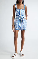 FARM Rio Garden Tiles Tie Belt Button Front Linen Blend Romper Off-White at Nordstrom,