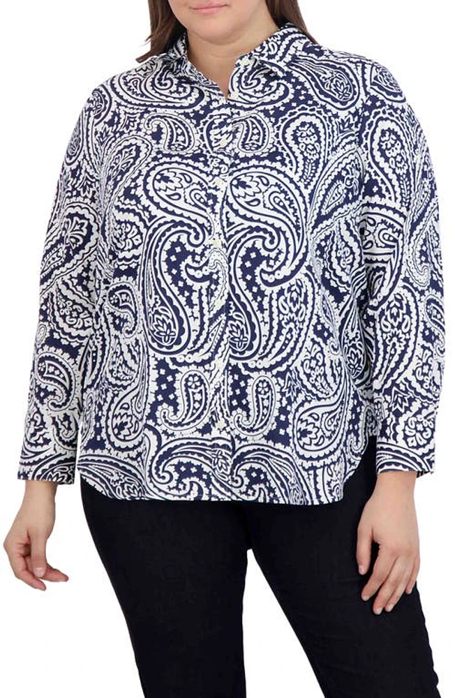 Foxcroft Meghan Paisley Print Cotton Button-Up Shirt Navy/White at Nordstrom,