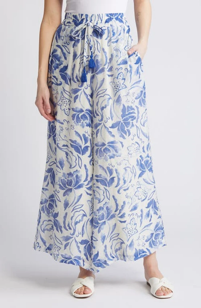 Vince Camuto Floral Wide Leg Drawstring Pants in Sapphire Sky at Nordstrom, Size X-Large