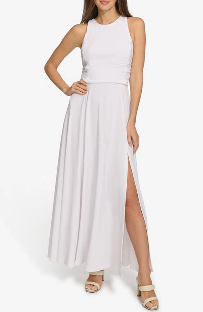 DKNY Ruched Mesh Trim Sleeveless Maxi Dress at Nordstrom,