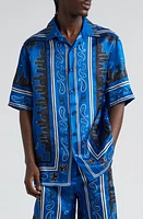 Off-White Bandana Short Sleeve Satin Button-Up Bowling Shirt Nautical Blue at Nordstrom,