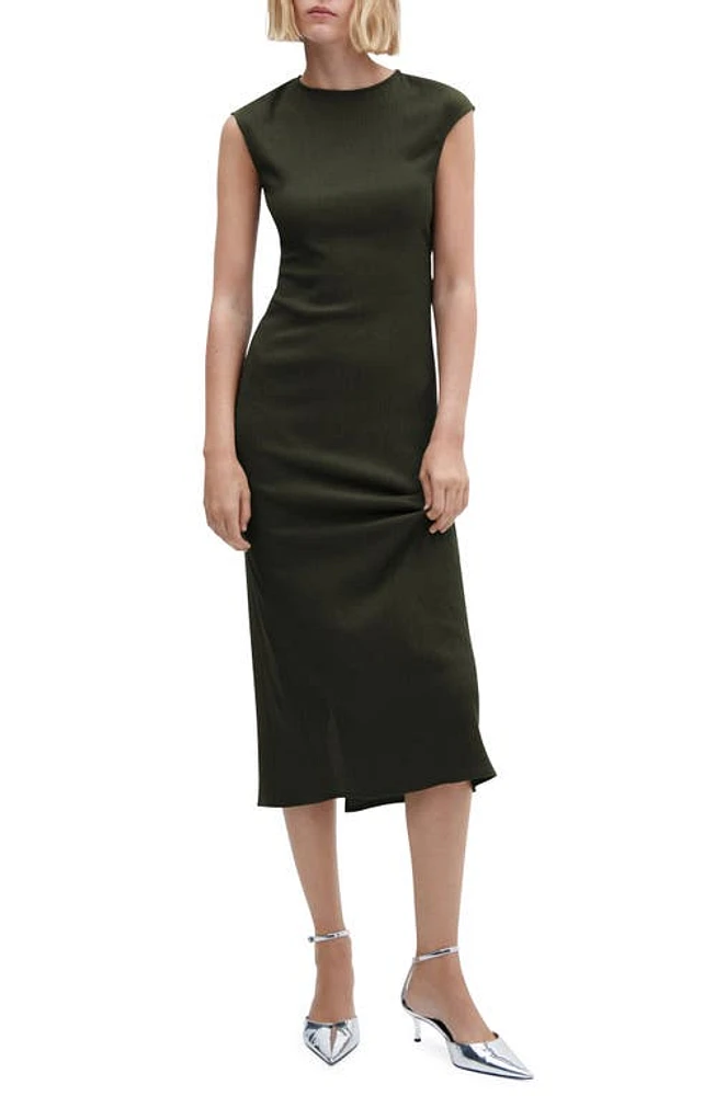 MANGO Back Cutout Textured Midi Dress Khaki at Nordstrom,