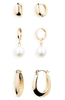 BP. Set of 3 Imitation Pearl Hoop Earrings in Gold- White at Nordstrom