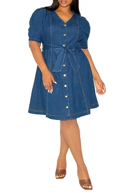 BUXOM COUTURE Puff Sleeve Tie Belt Denim Shirtdress Blue at Nordstrom,