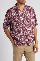 BOSS Drew Leaf Print Lyocell Camp Shirt Dark Red at Nordstrom,