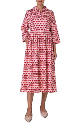 Akris punto Flamingo Dot Print Long Sleeve Cotton Midi Dress Beige-Red-Coral at Nordstrom,