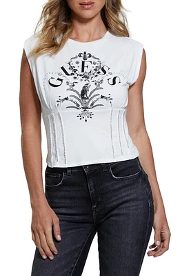 GUESS Queen Bead Detail Cotton Blend Corset T-Shirt White at Nordstrom,