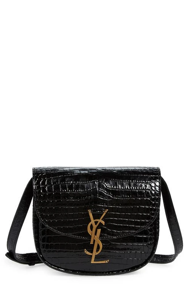 Saint Laurent Kaia Croc Embossed Leather Crossbody Bag in Nero at Nordstrom