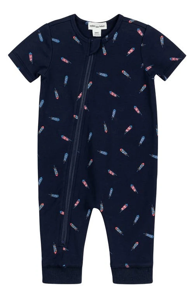 MILES THE LABEL Firecracker Print Organic Cotton Romper Navy at Nordstrom,