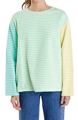 English Factory Colorblock Stripe Long Sleeve Stretch Cotton Top Lime Multi at Nordstrom,