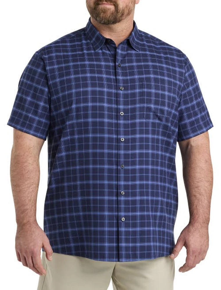 Harbor Bay by DXL Microfiber Medium Plaid Sport Shirt Navy Blue at Nordstrom,