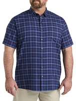 Harbor Bay by DXL Microfiber Medium Plaid Sport Shirt Navy Blue at Nordstrom,