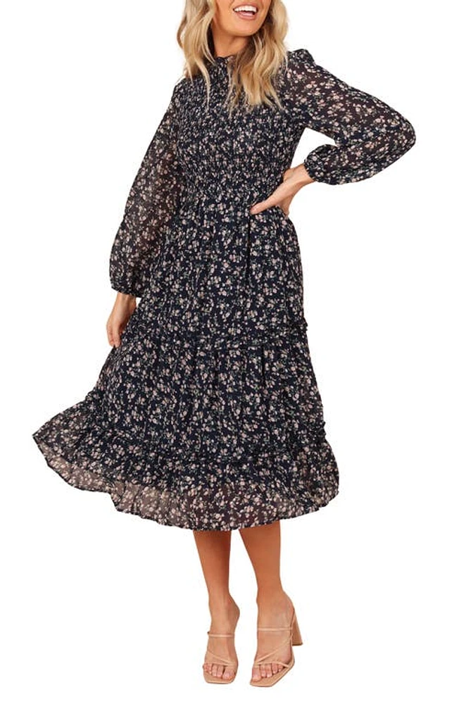 Petal & Pup Edwina Floral Long Sleeve Tiered Midi Dress Navy at Nordstrom,