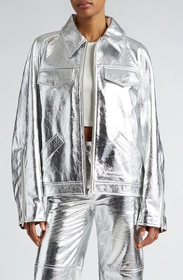 Interior The Sterling Oversize Metallic Leather Jacket Aluminum at Nordstrom,