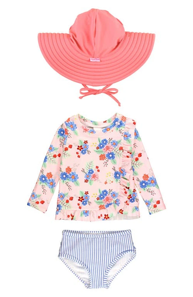 RuffleButts Floral Ruffle Two-Piece Rashguard Swimsuit & Hat Set Coastal Breeze at Nordstrom,