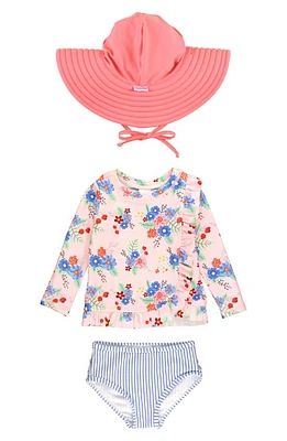 RuffleButts Floral Ruffle Two-Piece Rashguard Swimsuit & Hat Set Coastal Breeze at Nordstrom,