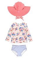 RuffleButts Floral Ruffle Two-Piece Rashguard Swimsuit & Hat Set Coastal Breeze at Nordstrom,