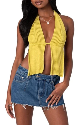 EDIKTED Caraway Split Front Open Back Rib Halter Top Green at Nordstrom,