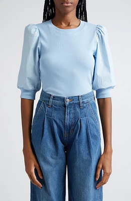 Veronica Beard Coralee Puff Shoulder Rib & Stretch Poplin Top Lake Blue at Nordstrom,