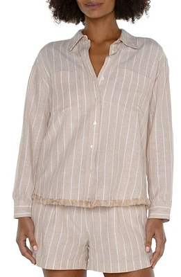 Liverpool Los Angeles Stripe Fray Hem Shirt Tan W Yd at Nordstrom,