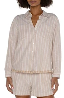 Liverpool Los Angeles Stripe Fray Hem Shirt Tan W Yd at Nordstrom,