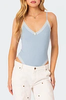 EDIKTED Aurora Lace Trim Rib Bodysuit Light-Blue at Nordstrom,