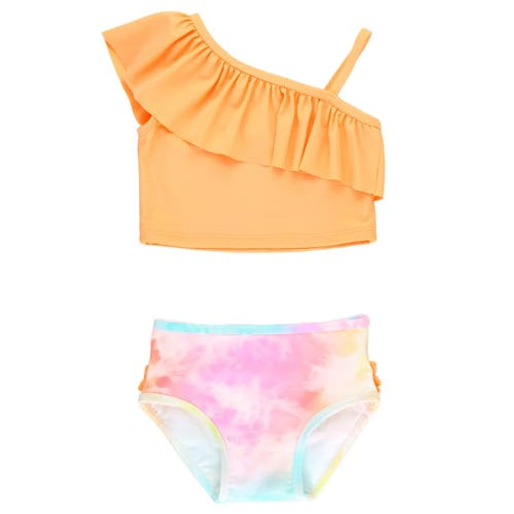 RuffleButts Girls One Shoulder Ruffle UPF50+ Tankini in Orange at Nordstrom