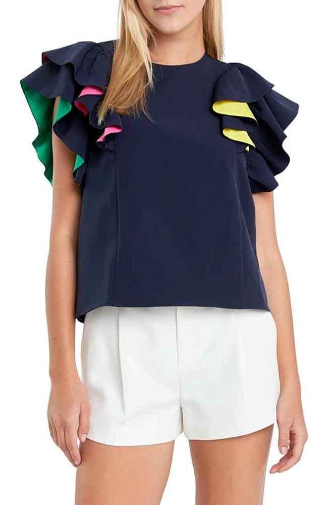 English Factory Multicolor Lined Ruffle Sleeve Top in Navy Multi at Nordstrom, Size X-Small