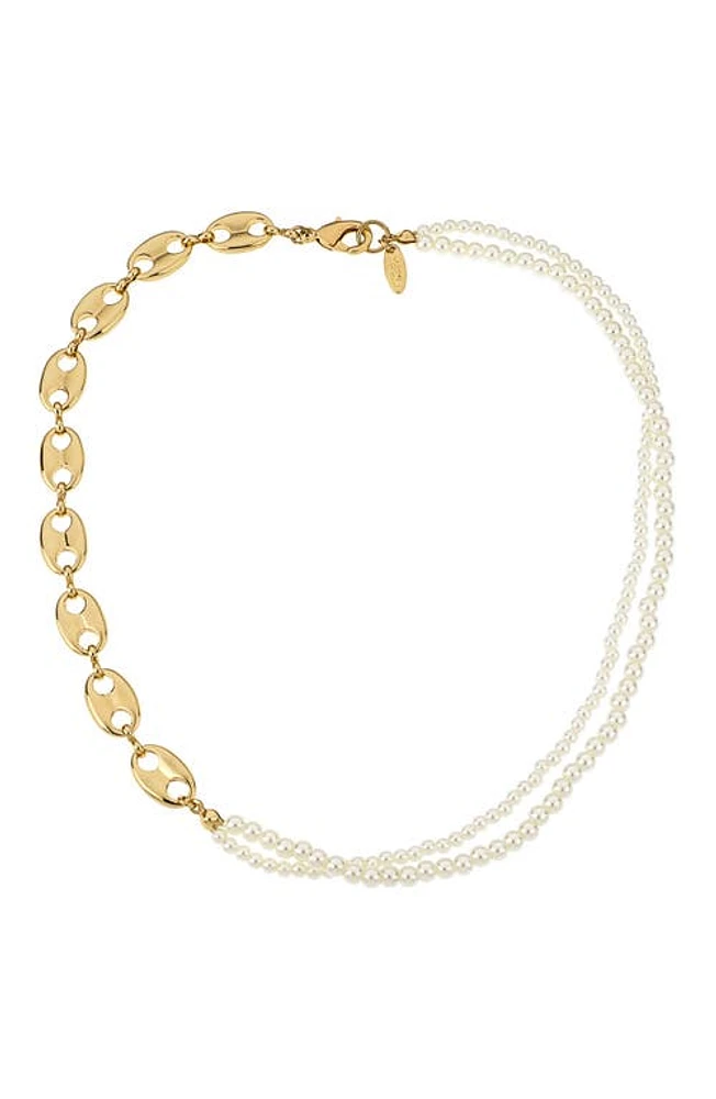 Ettika Meet Me Halfway Imitation Pearl & Mariner Link Necklace in Gold at Nordstrom