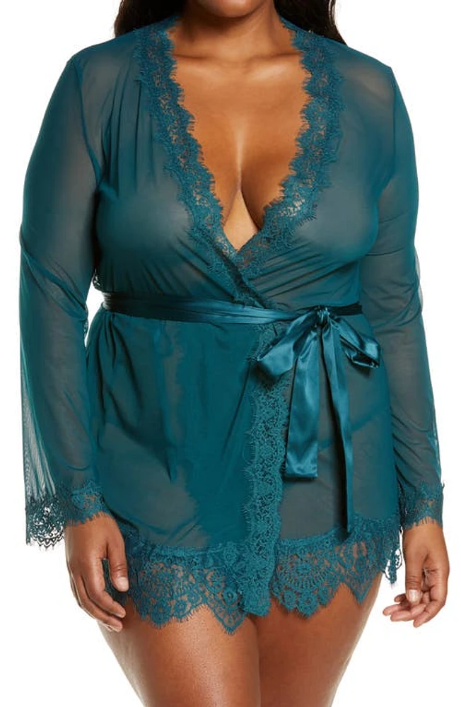 Oh La Cheri Lace Trim Mesh Robe & G-String Set Deep Teal at Nordstrom,