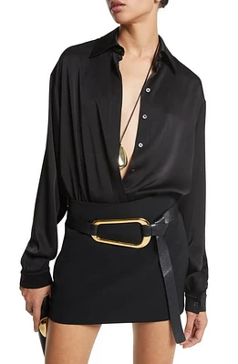 Michael Kors Collection Boyfriend Charmeuse Button-Up Shirt 001 Black at Nordstrom,