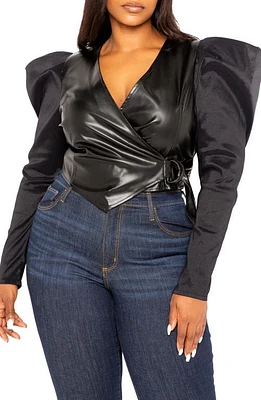 BUXOM COUTURE Exaggerated Shoulder Faux Leather Wrap Top Black at Nordstrom, X