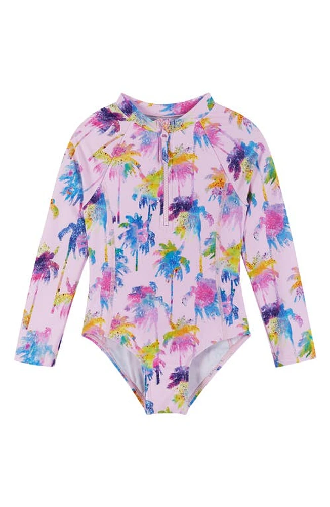 Andy & Evan Kids' Palm Tree Long Sleeve One-Piece Rashguard Swimsuit Scrunchie Set Pink Palms at Nordstrom,