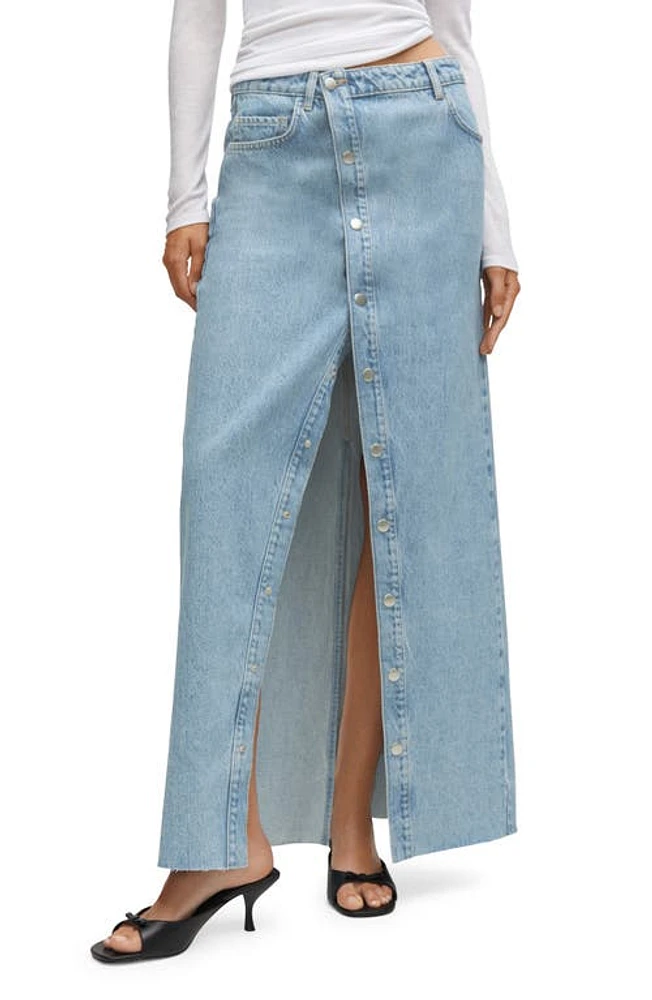 MANGO Fray Hem Denim Maxi Skirt Light Blue at Nordstrom,