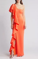 Black Halo Percy Ruffle One-Shoulder Gown Neon Apricot at Nordstrom,