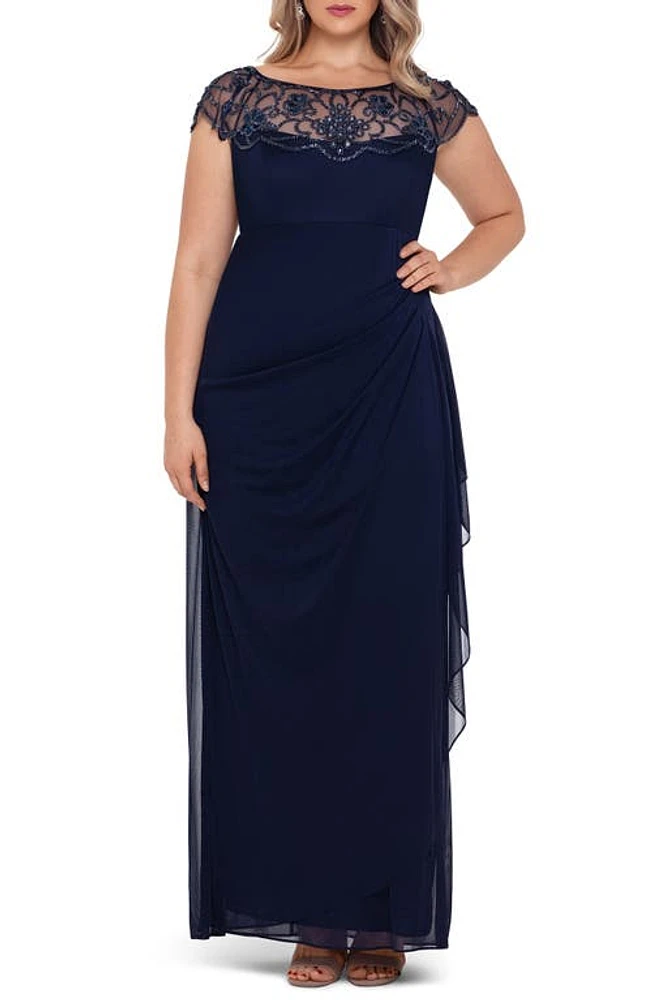 Xscape Evenings Beaded Neck Ruched Cap Sleeve Gown Navy at Nordstrom,